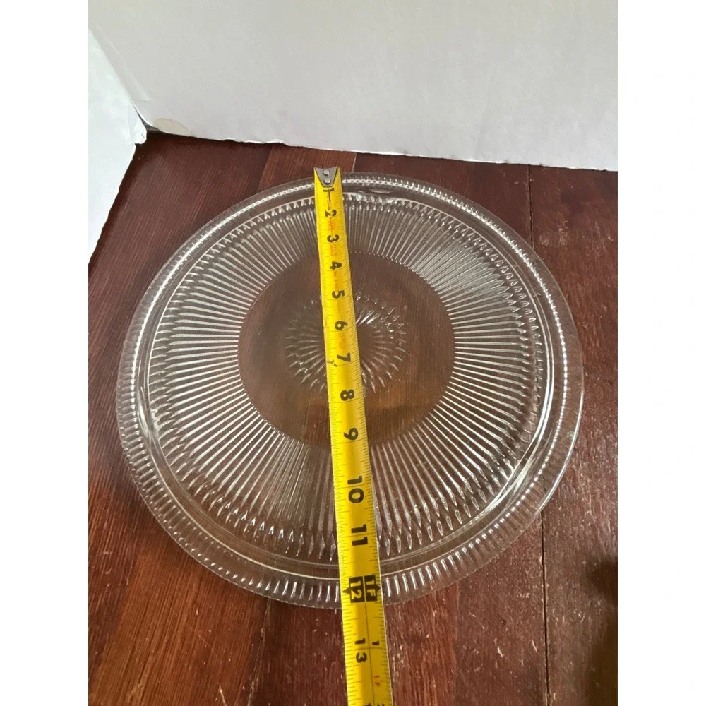 Vintage Clear Pressed Glass 3 Leg Short Cake Stand Sunburst Ribbed 12 Inch